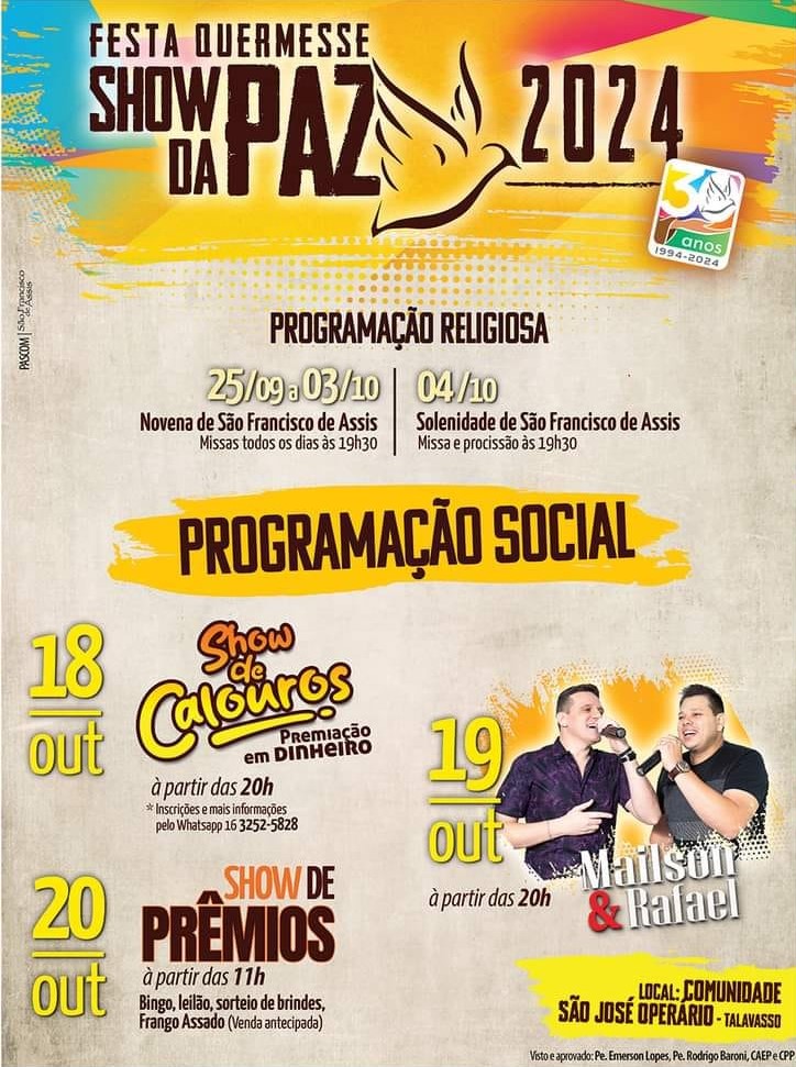 São Francisco: Festa Show da Paz 2024 movimenta Talavasso com programação religiosa e social