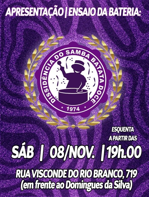 Branco e Roxo: Dissidência do Samba Batata Doce realiza ensaio da bateria neste sábado em Taquaritinga