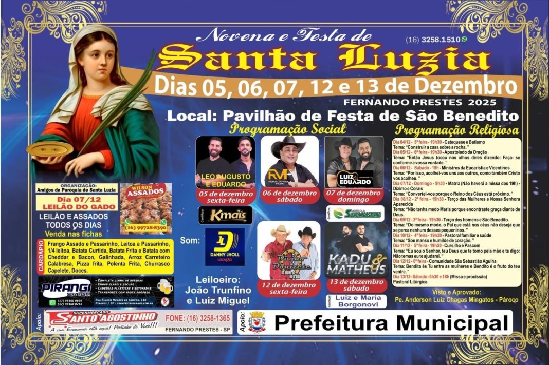 Religião: Novena e Festa de Santa Luzia movimentará Fernando Prestes com programação religiosa e atrações regionais