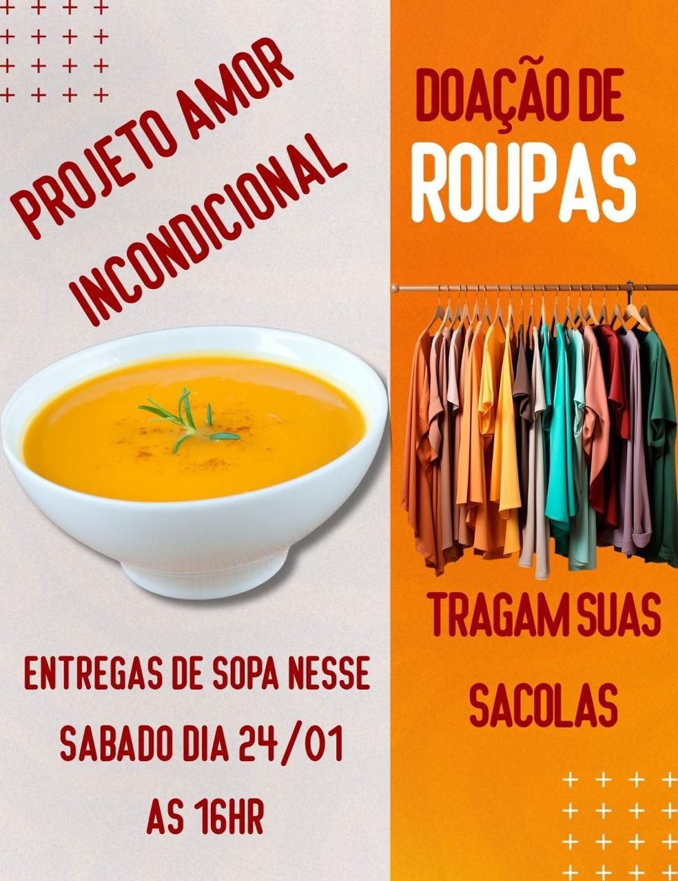 Em Taquaritinga: Projeto Amor Incondicional promove Sopão solidário e arrecadação de roupas