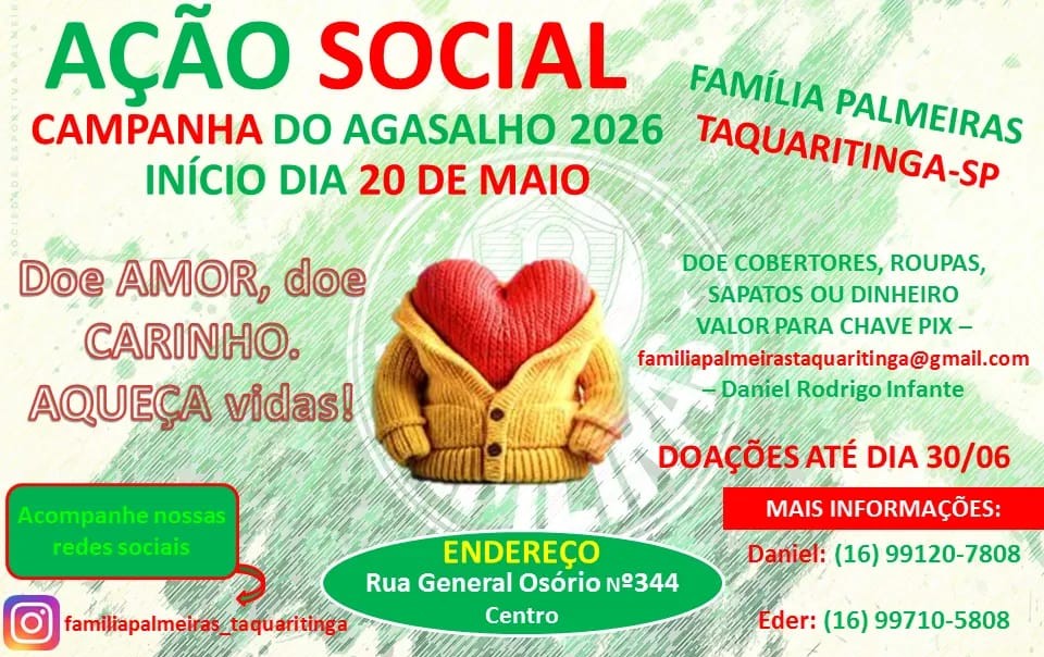 Bem-estar coletivo: Família Palmeiras Taquaritinga inicia Campanha do Agasalho 2026 para ajudar famílias durante o inverno