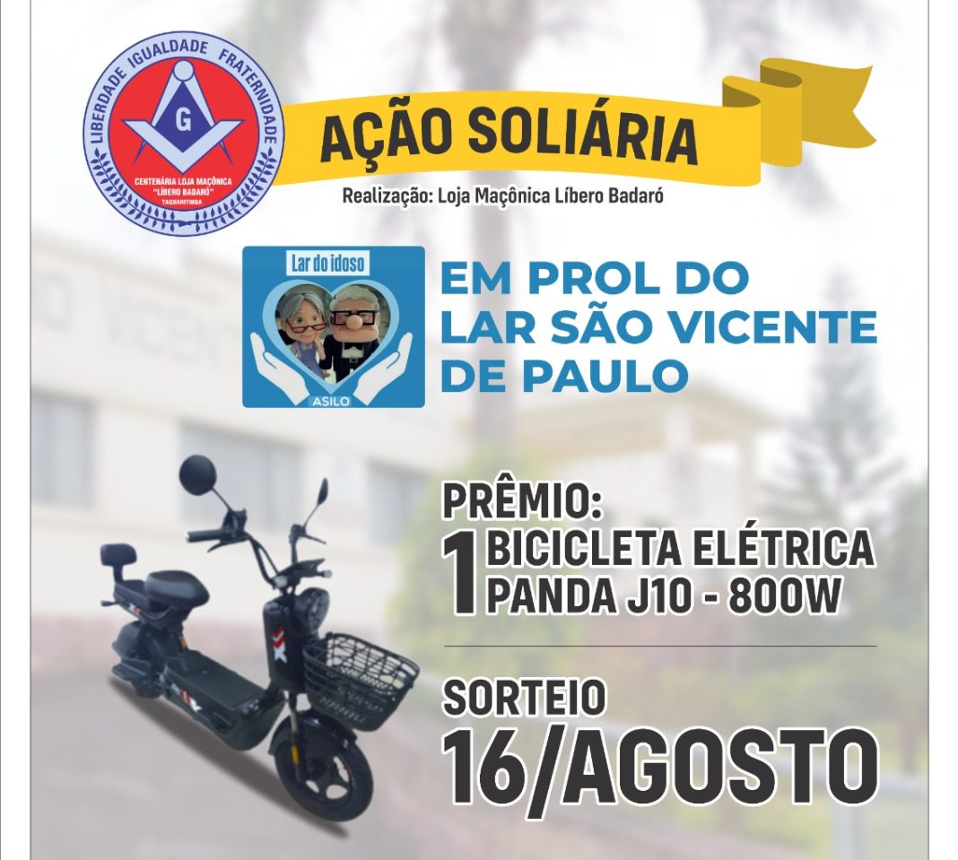 Corrente do bem: Loja Maçônica Líbero Badaró lança ação solidária com sorteio de bicicleta elétrica em prol do Lar dos Idosos
