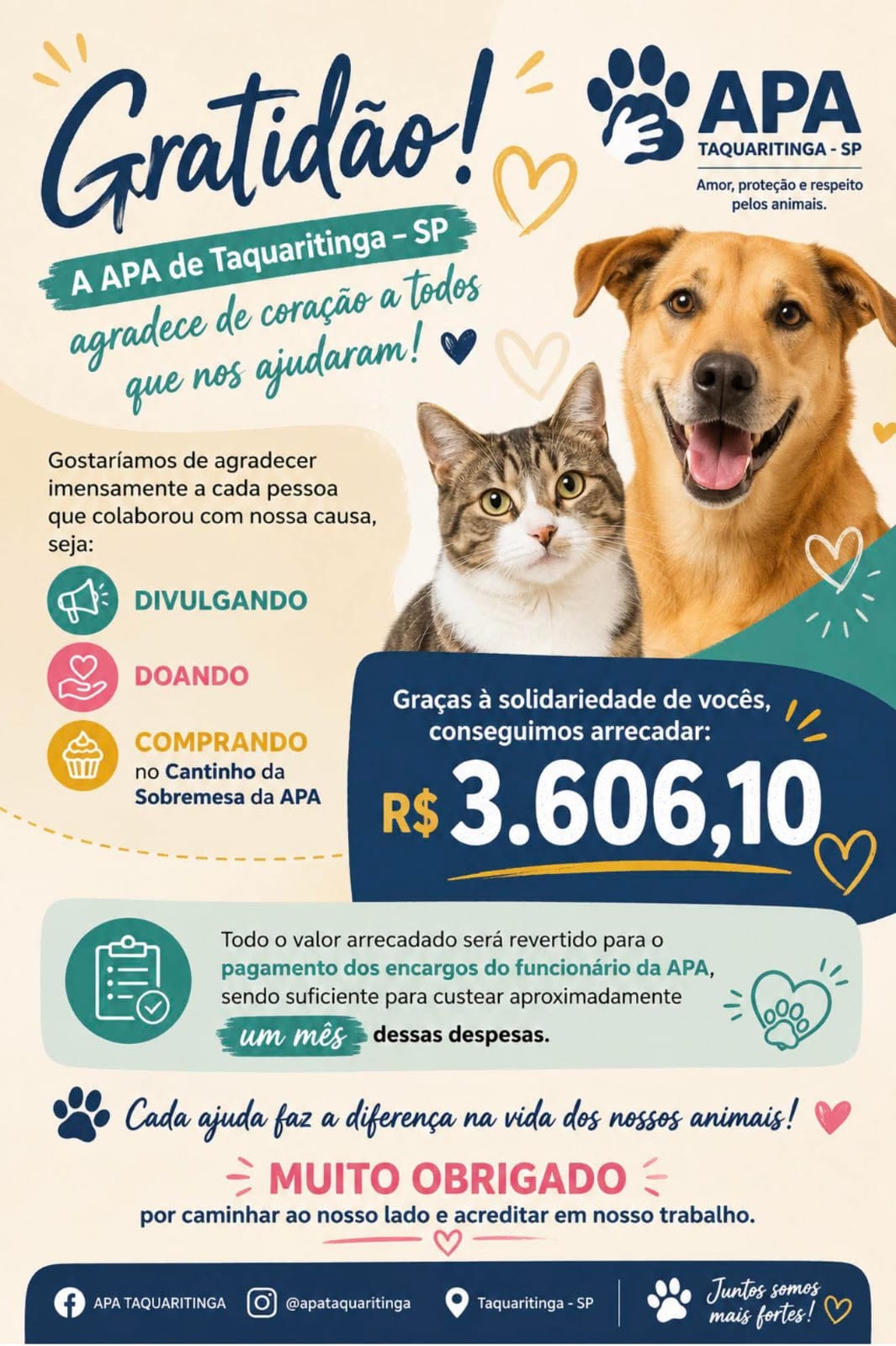 Em boa hora: APA de Taquaritinga agradece apoio da comunidade e arrecada mais de R$ 3,6 mil para manutenção das atividades