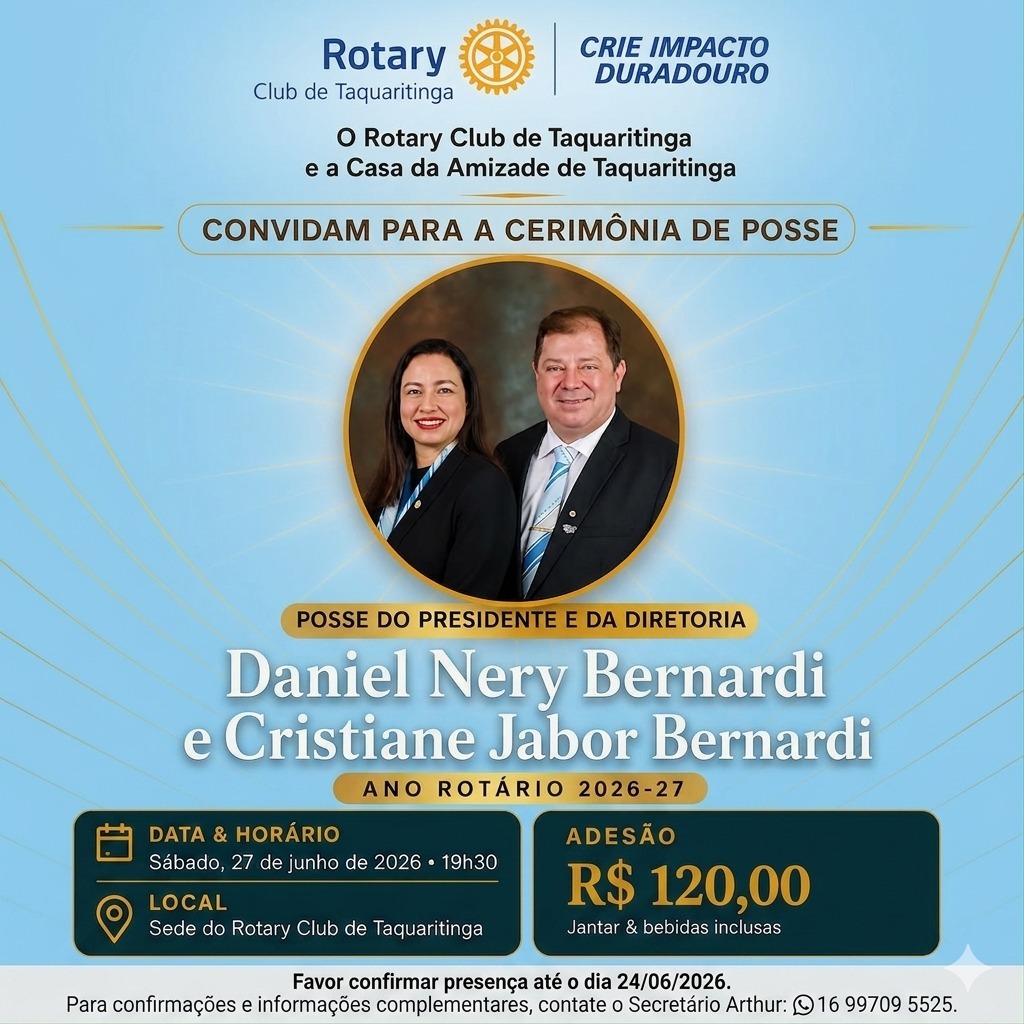 Renovação: Rotary Club de Taquaritinga realiza cerimônia de posse para o Ano Rotário 2026-2027