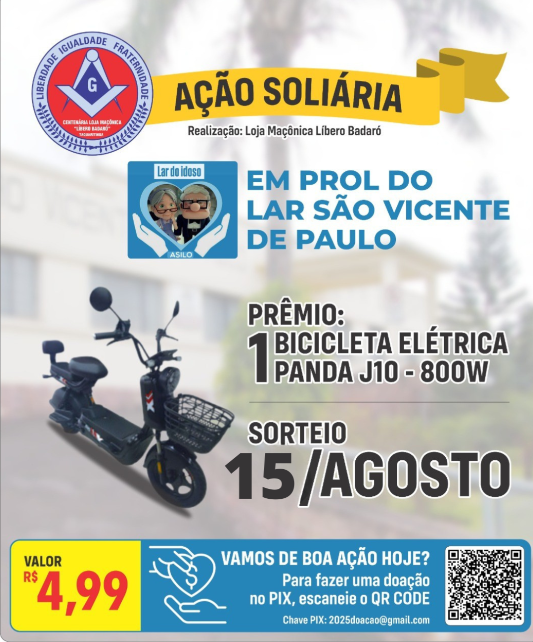 Bora colaborar: Ação busca arrecadar recursos para o Lar São Vicente de Paulo com sorteio de bicicleta elétrica