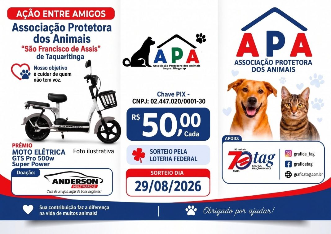 Colaboração: APA de Taquaritinga promove ação entre amigos para arrecadar recursos e sortear moto elétrica
