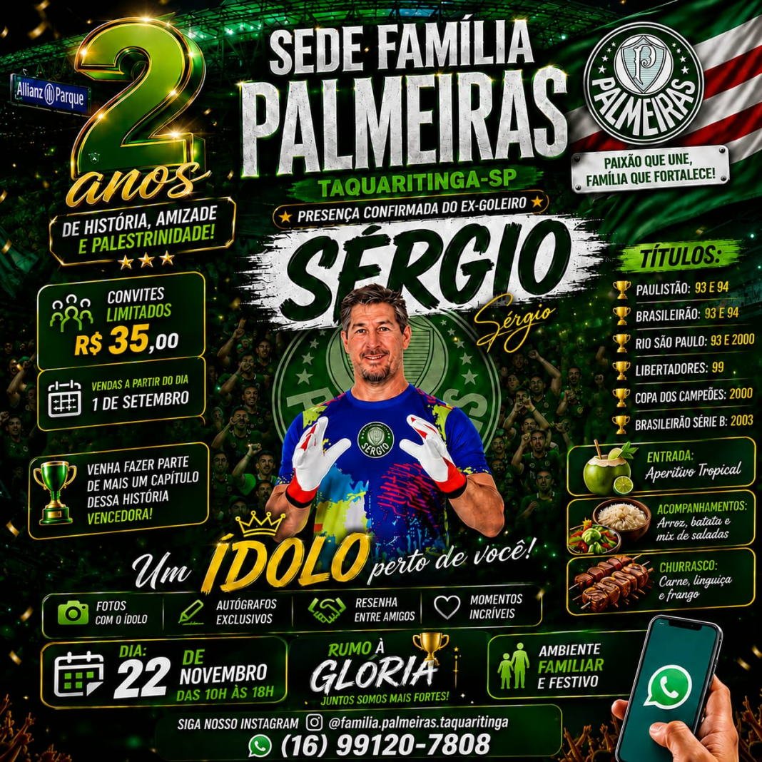 Verde e branco: Família Palmeiras Taquaritinga celebra dois anos com evento especial e presença do ex-goleiro Sérgio