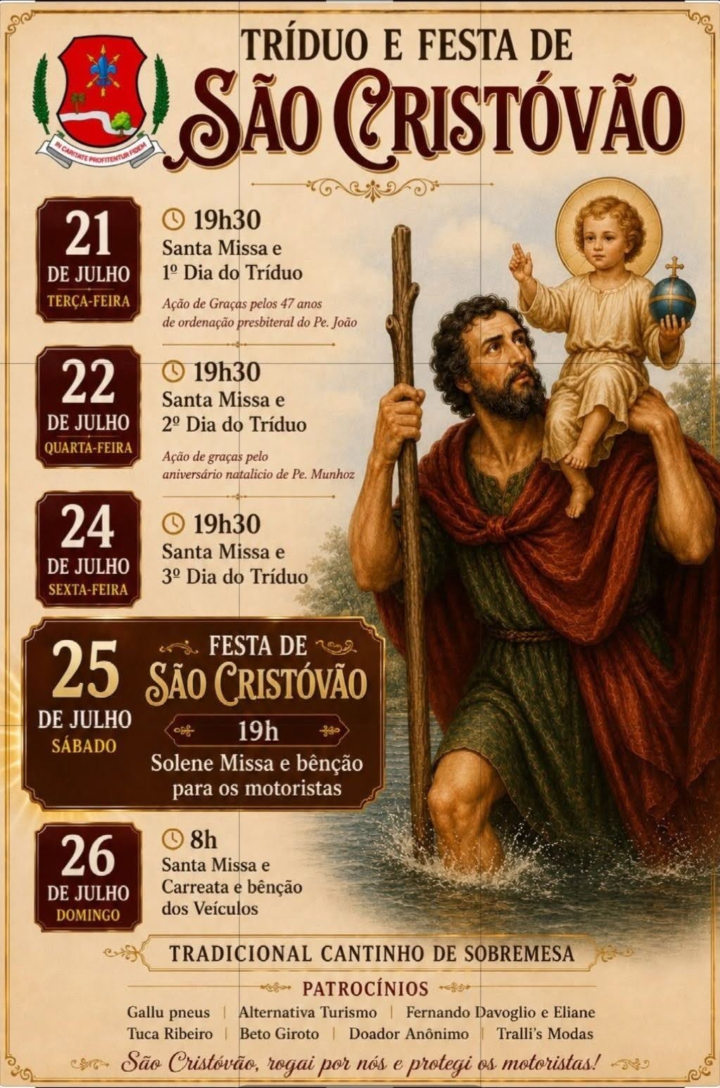 Fé e devoção: Comunidade da Vila Sargi celebra Tríduo e Festa de São Cristóvão com programação religiosa e bênção dos motoristas