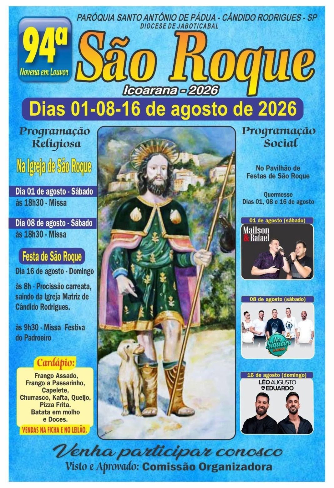 Na região: 94ª Novena e Festa de São Roque será realizada entre os dias 1º e 16 de agosto em Icoarana