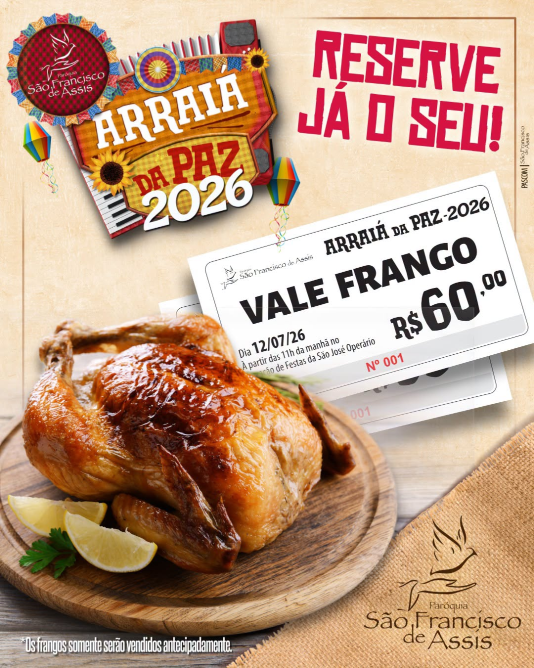 Garanta já o seu: Paróquia São Francisco de Assis inicia venda antecipada de frangos para o Arraiá da Paz 2026