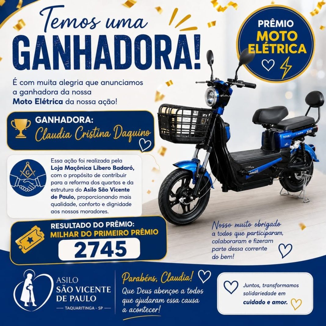 Solidariedade: Ação beneficente sorteia moto elétrica e arrecada recursos para melhorias no Asilo São Vicente de Paulo