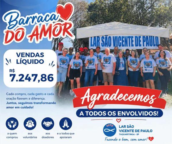 Solidariedade: Barraca do Amor arrecada mais de R$ 7,2 mil para o Lar São Vicente de Paulo de Taquaritinga