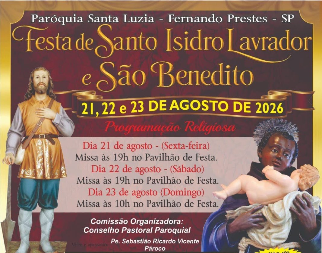 Comunidade católica: Fernando Prestes divulga programação da Festa de Santo Isidro Lavrador e São Benedito com celebrações religiosas e atrações musicais