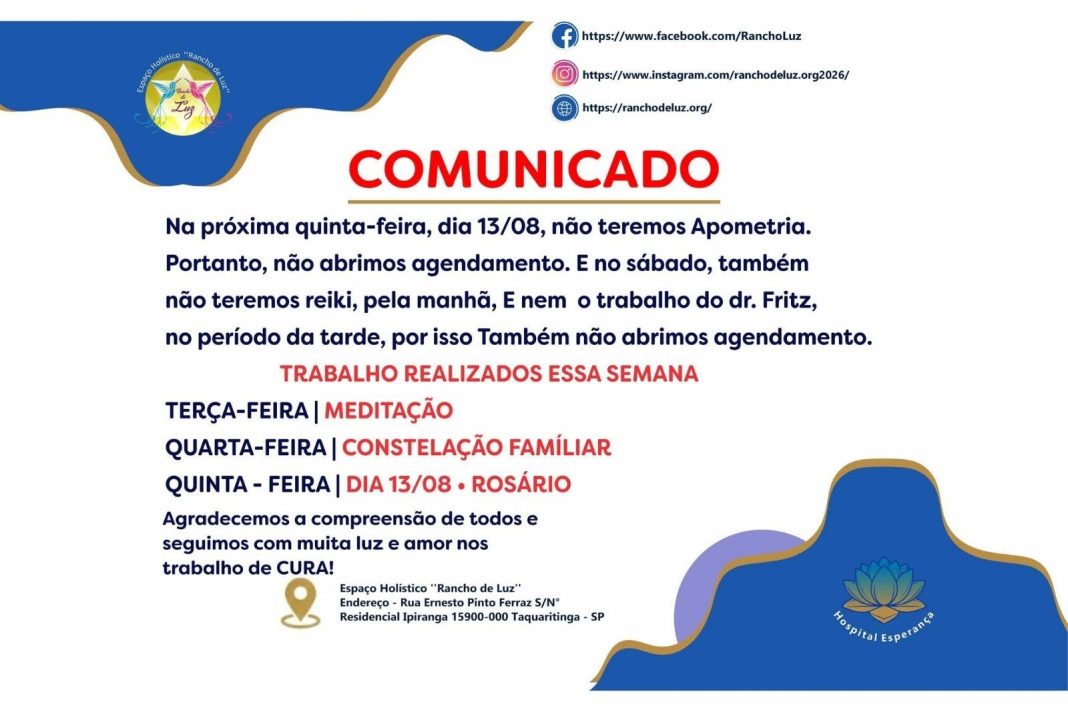 Em Taquaritinga: Espaço Holístico Rancho de Luz altera agenda de atendimentos nesta semana