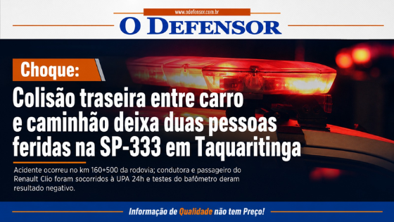 Choque: Colisão traseira entre carro e caminhão deixa duas pessoas feridas na SP-333 em Taquaritinga