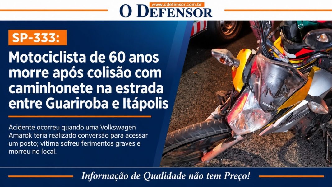 SP-333: Motociclista de 60 anos morre após colisão com caminhonete na estrada entre Guariroba e Itápolis