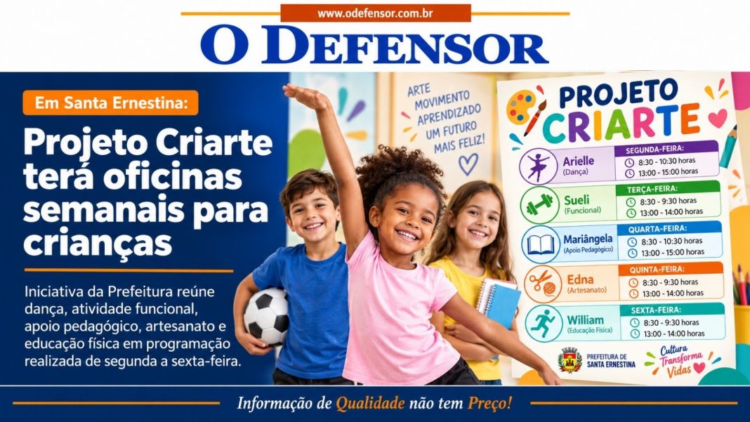 Em Santa Ernestina: Projeto Criarte terá oficinas semanais para crianças