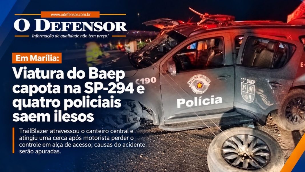 Em Marília: Viatura do Baep capota na SP-294 e quatro policiais saem ilesos