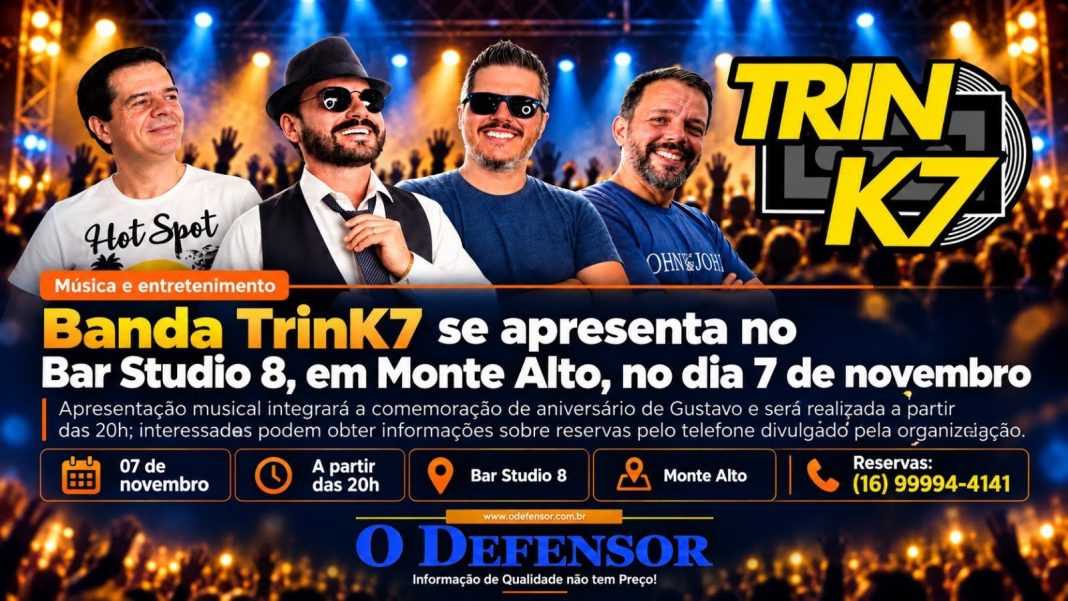 Música e entretenimento: Banda TrinK7 se apresenta no Bar Studio 8, em Monte Alto, no dia 7 de novembro
