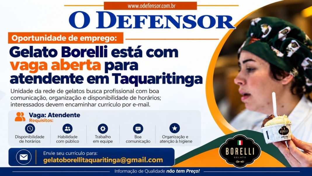 Oportunidade de emprego: Gelato Borelli está com vaga aberta para atendente em Taquaritinga