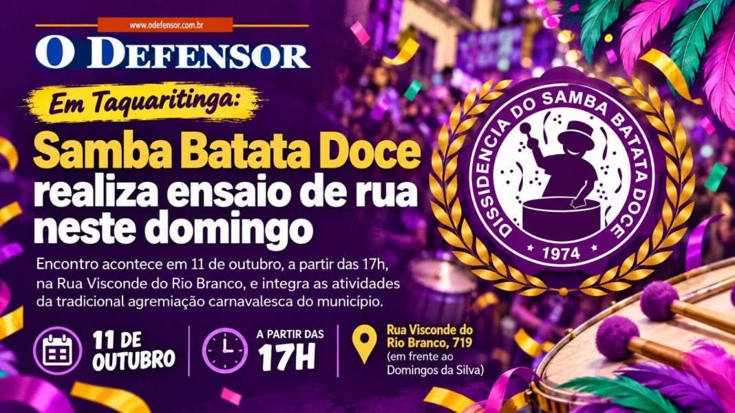 Em Taquaritinga: Samba Batata Doce realiza ensaio de rua neste domingo